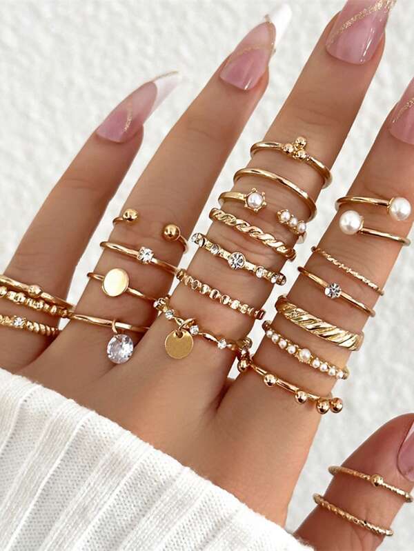 22 pièces/set Bagues tressées multi-articulations, bagues décorées de faux perles et de strass premium, cadeau élégant pour les femmes, convient pour le port quotidien, les fêtes et les événements