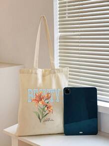 New Fashion Orange Floral Letter Print Multipurpose Tote Bag, Large Capacity Convenient For School, Campus, Library, Shopping, Travel, Outdoor, Casual