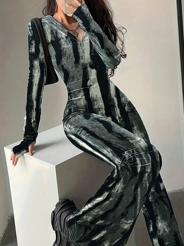 Autumn/Winter Elegant/Party/Event Jumpsuit, Stretchy Hooded Fluffy Zip-Up Flared Leg