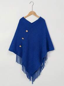 1pc Women's Solid Color Button Tassel Knit Poncho Shawl Cardigan, Warm & Stylish, Casual For Holiday And Daily Wear
