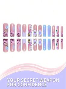 24pcs Leopard Print Blue Ombre French Floral Fake Press-On Nails, Ballerina Shape Long Nail Tips With Jelly Gel And Nail File Included, Suitable For All Ladies