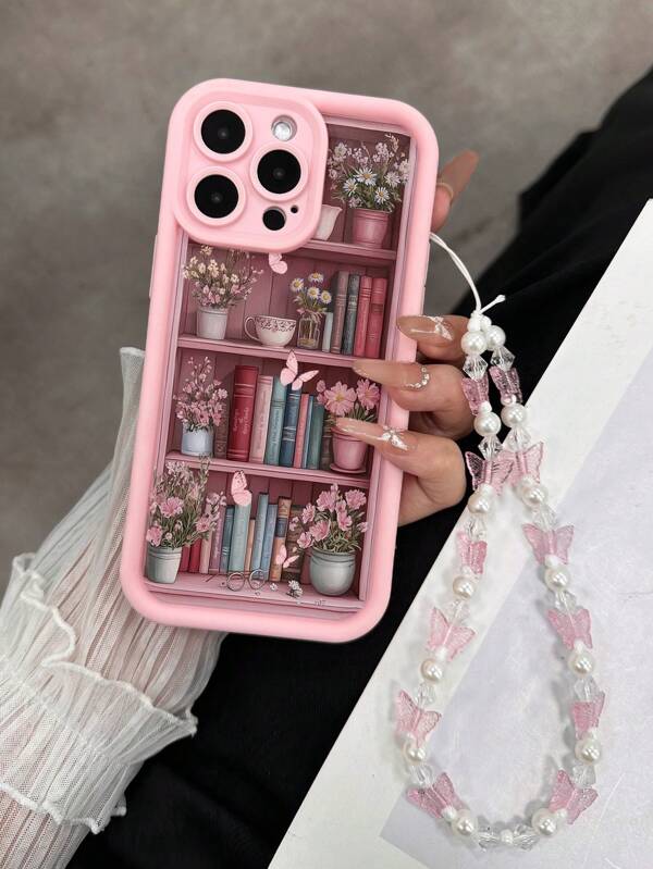 Bookshelf Painted Creative Minimalist Recesss Pink Phone Case With Butterfly Bracelet Soft Shell Suitable For IPhone 16/15/XR/7P8P/P12 ProMax/P13 ProMax/P14 ProMax/P13/P14/P11/P12/P14, XS/S/XS Max/7 8, Cute & Fashionable Thick Phone Protective Cover