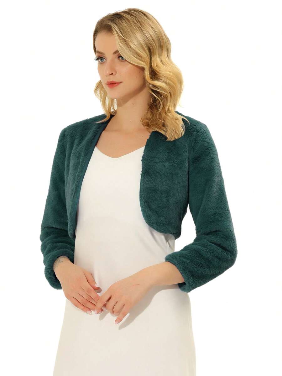 Women's Evening Shrug Wedding Gown Fuzzy Formal Fluffy Bolero Jacket - Dark Green - View 1