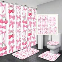 1/4 piezas Juego de cortina de ducha con estampado de lazo rosa y cereza, regalo del Día de la Madre, decoración del hogar, decoración de primavera/otoño, decoración festiva, impermeable y lavable, incluye 12 ganchos, accesorios esenciales para el baño, divisor de bañera, fácil limpieza para una experiencia de baño refrescante, accesorios de baño, de vuelta a la escuela