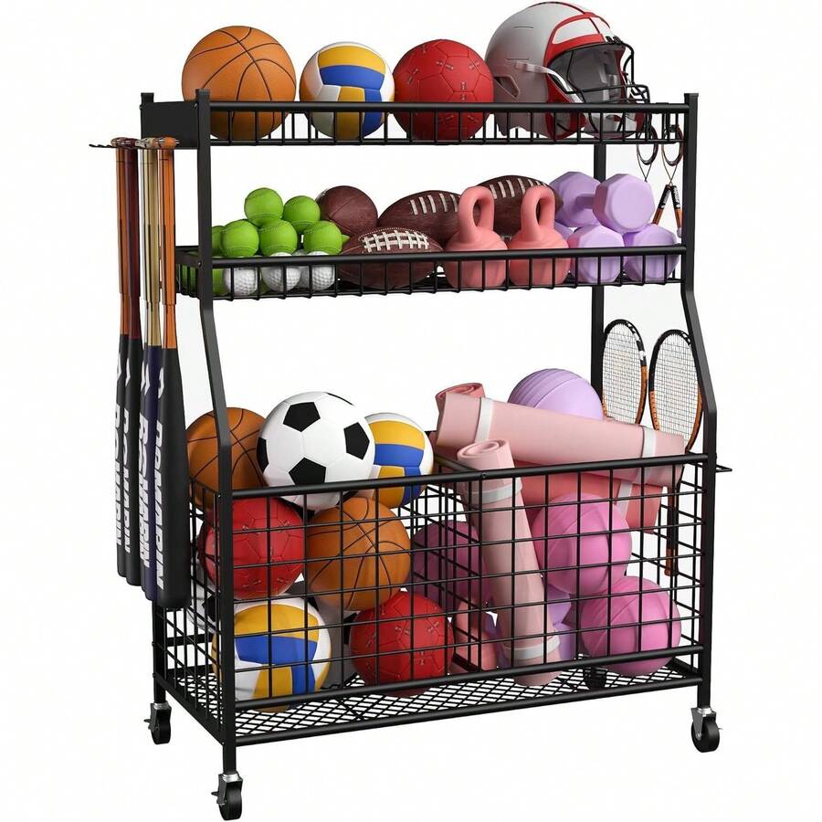Organizador deportivo, Organizadores y almacenamiento de garaje, Carro de almacenamiento de pelotas deportivas para organización de garaje, Estantería de almacenamiento negra - Multicolor - Ver 1