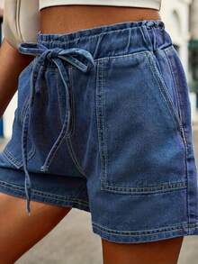 2025 New Women's High Waist Slim Fit Stretch Denim Shorts - Dark Blue Washed Elastic Waistband Double Pockets, Summer Casual Shorts For Style Lovers, Casual Outfit | High Waist Shorts | Classic Blue Washed Women's Shorts - Màu xanh lam - Xem 5