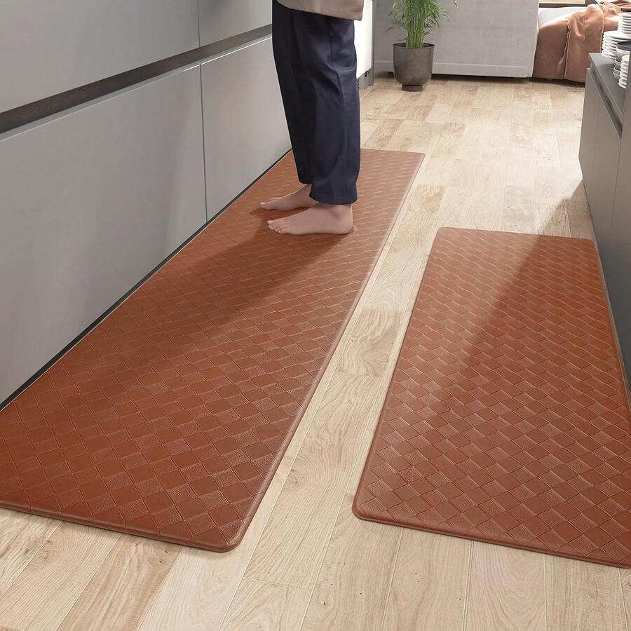 2pcs Kitchen Rugs Cushioned Anti Fatigue Floor Mat, Non-Slip Wipeable Kitchen Mat, Sink Kitchen Mat For Standing Desk, Sink And Laundry, Running Rugs - Brown - View 1