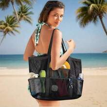 Mesh Beach Bag – Large Waterproof Beach Tote Bag With Zipper, Oversized Foldable Lightweight Family Swim Bag For Vacation - Black - View 3