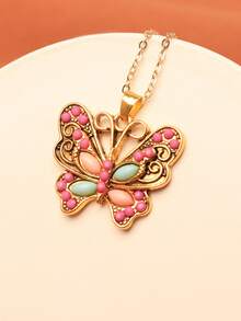 1 件女士复古银色蝴蝶吊坠项链