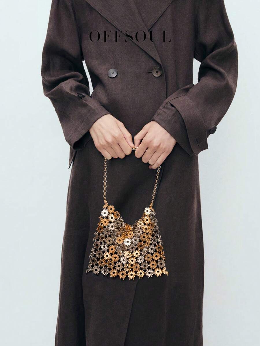 European & American Retro Fashion Metallic Sequined Woven Horizontal Crossbody Bag, Stylish Glitter Evening Clutch Purse For Party, Wedding, Gift - Silver - View 1