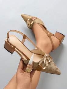 Women's Pointed Toe Chunky Heel Suede Pumps With Back Strap, Breathable Closed Toe High Heel Slingbacks For Summer - Brown - View 1