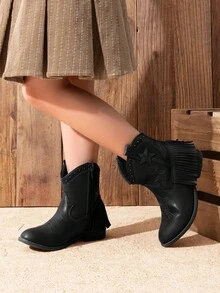 Girls Cowgirl Cowboy Ankle Western Boots Side Zipper Riding Shoes With Tassel Little Kid/Big Kid - Black - View 3