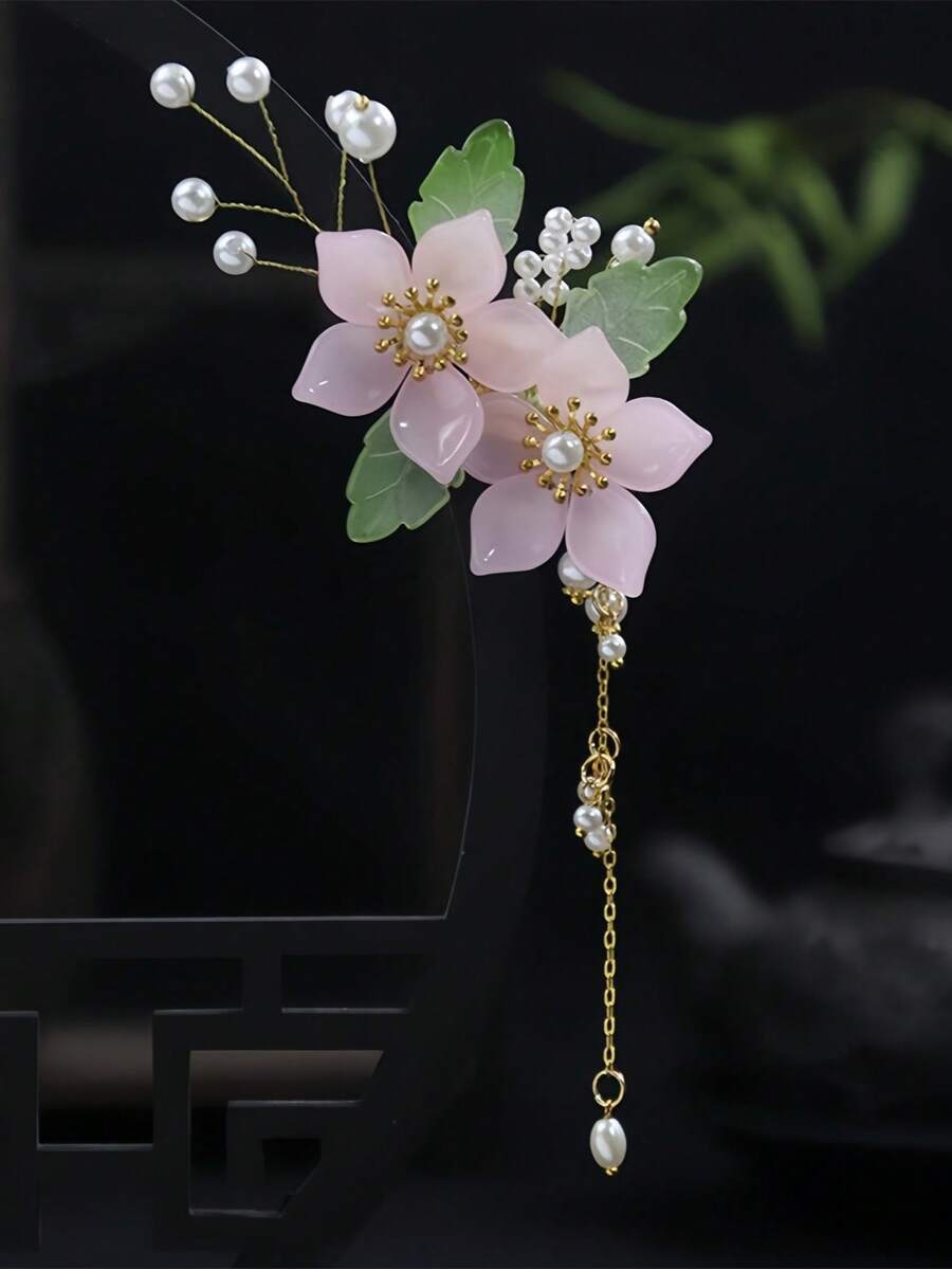 1个复古春夏粉色樱花流苏发夹,不褪色,长10厘米,时尚发饰,优雅时尚发爪,适合女性和女孩,日常装饰发髻、马尾辫、侧刘海,头部配饰,情人节配饰,女士发饰,发夹 - 彩色 - 查看 1