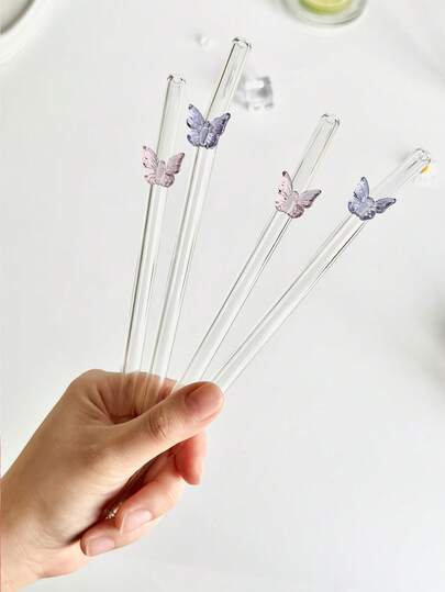 2/4/6/8 Stück rosa/lila Cartoon Schmetterling biegsame wiederverwendbare Glasstrohhalme, mit Reinigungsbürste, für Smoothies, Milch, Tee, Saft, Snackbar, Partygetränke, Cocktails, Milchshake Smoothies, Gastronomie, Schulmaterial