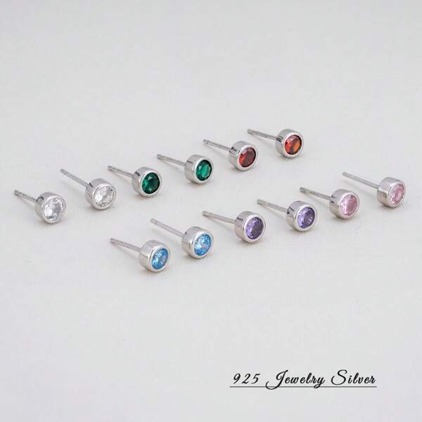 Brincos de Botão de Zircônia Cúbica Simples Redonda de Prata Esterlina 925, Design Elegante de Cristal Colorido de Strass Único da Moda