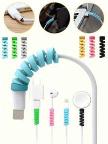 Protetor de cabos de silicone colorido, organizador de cabos - Organizador de cabos em espiral para carregadores USB e linhas de dados, durável e flexível, cabe em espaços apertados, ideal para uso doméstico e no escritório, cores variadas, capa para cabos, acessórios de armazenamento para mesa de escritório, não requer energia, organizador de mesa e gaveta para armazenamento doméstico