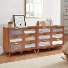 6 Drawers Dresser For Bedroom, 47'' Wide Retro Dresser With Acrylic Glass Design, Chest Of Drawers With Solid Wood Legs For Bedroom, Living Room (Walnut) - walnut - View 6