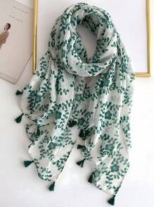 1pc Boho Beach Accessories Plants Print Hijab Tassel Scarf Casual Outdoor Sunscreen Windproof Beach Towel Winter Fall