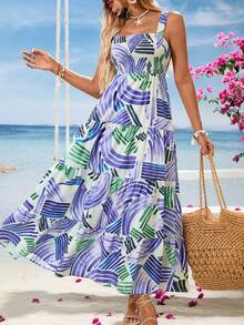 Women's Spring/Summer Ditsy Floral Spaghetti Strap Midi Dress, Beach Vacation Cream Yellow Floral Sundress, Graduation/Independence Day Dress