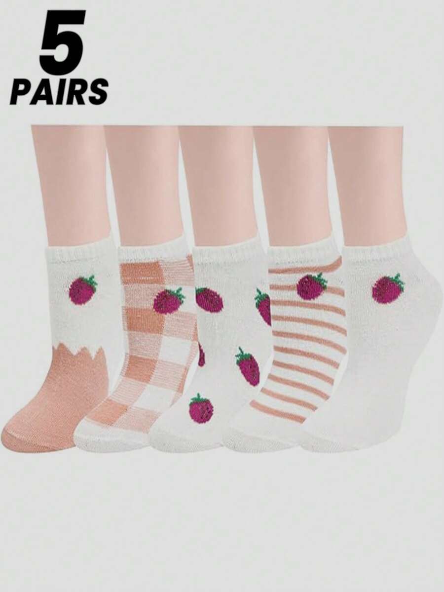 5 Pairs Pack: Ladies' Pink-Themed Fruit & Strawberry Striped Checkered Cute Japanese-Korean Style Student-Inspired Low-Cut Boat Socks, No Show Socks, Suitable For All Seasons. - Multicolor - View 1