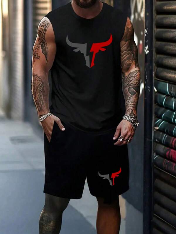 Set tuta estiva da uomo con stampa toro, canotta e pantaloncini, adatto per appassionati di sport alla moda; Set atletico casual da uomo con grafica toro, canotta senza maniche e pantaloncini, adatto per l'allenamento e l'uso quotidiano