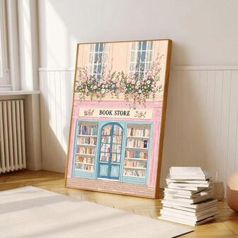 1pc Framed/Unframed Floral Book Store Y2K Preppy Wall Art Canvas Poster Print Pink Blue Book Club Cottagecore Aesthetic Decor Painting For Book Lover,Apartment,Living Room,Bedroom,Modern Home Decoration