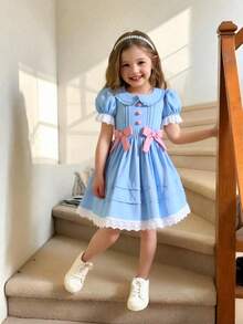 Young Girl Elegant Princess Style White Dress, Decorated With Bow, Puff Sleeve Design, Suitable For Birthday Party, Holiday Events, Photo Shoot, Fits Young Girl Aged 4-7, Spring/Summer - Blue - View 4