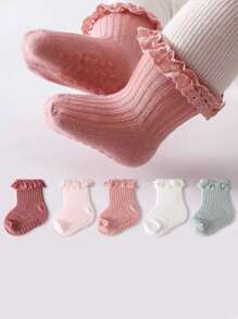 5 Pairs Lace Socks For Baby Girls, Mid-Length, Suitable For All Seasons