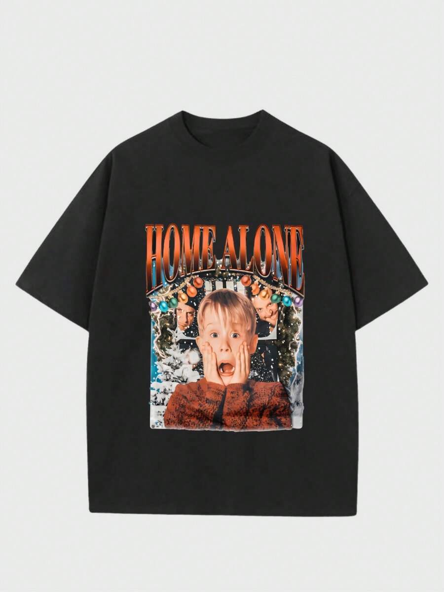 Para hombre,Camisa Oversize con Estampa de "HOME ALONE"-Estilo Cinematográfico y Nostálgico,Camiseta casual de cuello redondo y manga corta con estampado,adecuada para uso diario en primavera y verano,unisex - Negro - Ver 1