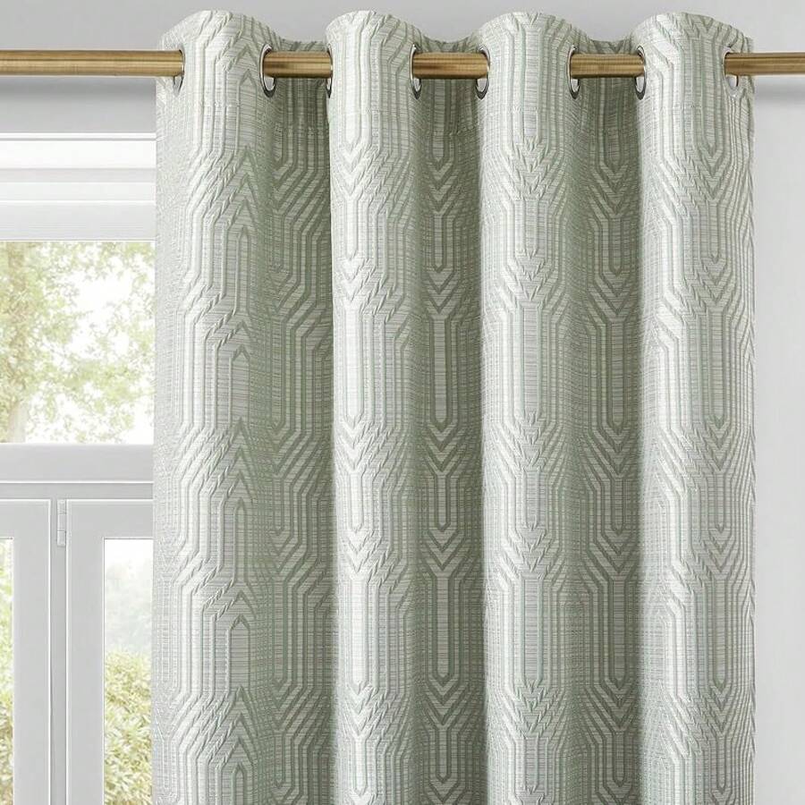 Beige And Black% Blackout Geometric Pattern Curtains, 52 Inch Wide 96 Inches Long 2 Panels, Thermal Insulated Noise Reducing Anti-Rust Grommet Drapes Bedroom Living Room,, Modern Style, Energy-Efficient - 薄荷綠和銀色 - 查看 1