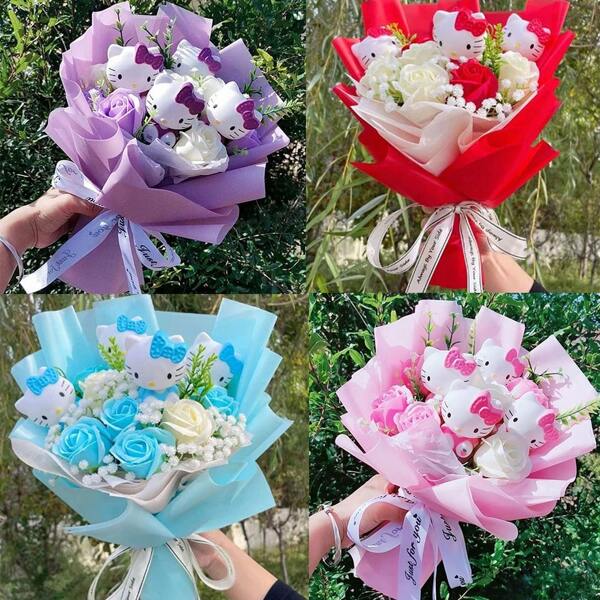Sanrio Peluche Bouquet de fleurs Sanrio, Personnage de dessin animé mignon Hello chat tenant un faux bouquet de roses, Décoration pour la maison, le mariage, la Saint-Valentin, Noël, la remise des diplômes, cadeau d'anniversaire pour les amis