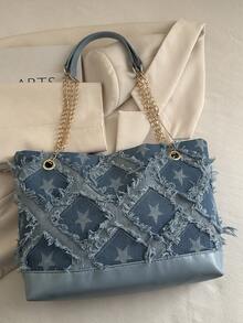 1pc Polyester Deer Pattern Decorative Large Capacity Zipper Shoulder Tote Bag, Suitable For Women's Daily Use