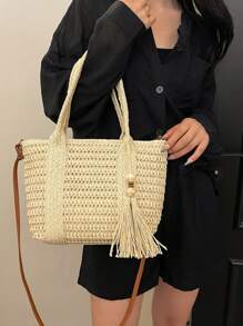 Geantă de umăr tip paie, casual, la modă, de culoare solidă, cu capacitate mare, pentru femei, cu pandantiv decorativ tip ciucure, tip crossbody, pentru vacanță și plajă