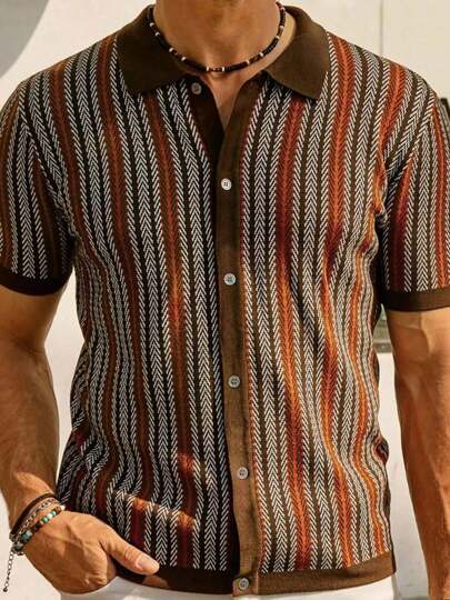 Men's Short - Sleeve Button - Up Polo Shirt - Brown With Multicolored Herringbone Stripes. Ideal For Summer Casual And Outdoor Wear, For Fall