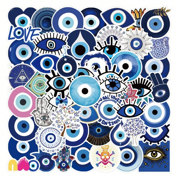 50 piezas Pegatinas decorativas de ojos azules malignos tipo graffiti para funda de teléfono, botella de agua, monopatín, guitarra, casco de motocicleta