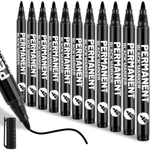 Pennarello permanente e impermeabile, penna a inchiostro nero ad asciugatura rapida, indelebile, punta 1-2 mm anti-macchia e impermeabile, adatta per cartone, ceramica, vetro, legno, metallo, tessuti. Pennarelli speciali per disegnare, scrivere, scarabocchiare, segnare, ecc. Articoli di cartoleria per il ritorno a scuola