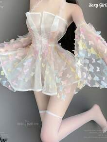 Lingerie Set: Gradation White Sheer Fairy Princess Dress With Butterfly Details - White - View 5