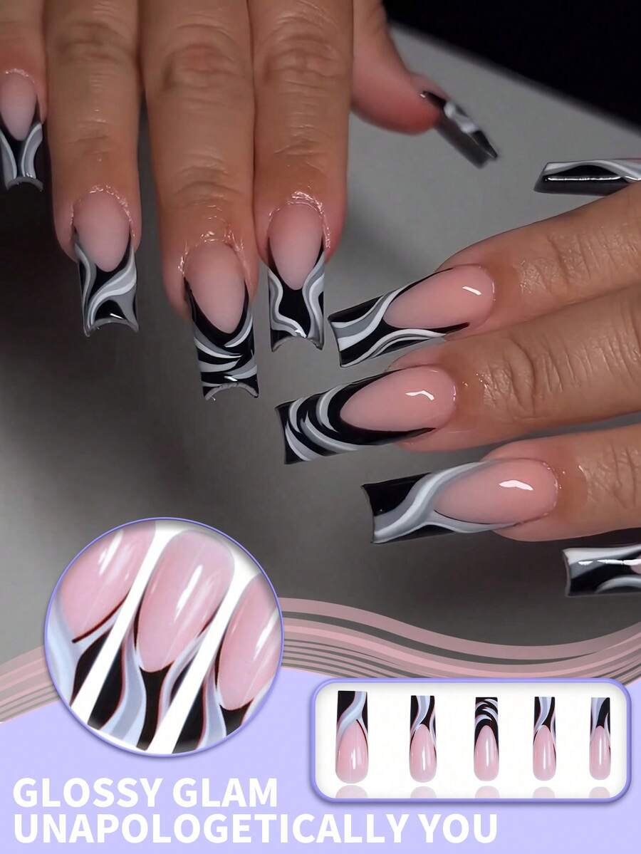 24 件黑灰色不对称条纹长棺材形状按压指甲，汗水哥特风格，适合所有女性日常佩戴 - 彩色 - 查看 1