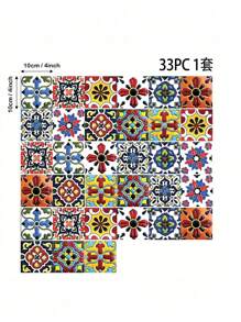33pcs/Set Bohemian Floral Wall Stickers & Mural, 4x4 Inch Matte Ceramic Tile Decals, Floral Theme Peel And Stick, For Kitchen Backsplash, Bathroom, Fireplace Decor, Multi-Surface, Single Use Room Decor Wall Decor