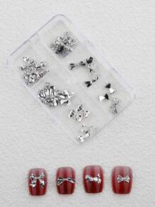60 pezzi Decorazioni per unghie in metallo argento a forma di fiocco, accessori di lusso per manicure fai-da-te, parti in lega di alluminio 3D a forma di fiocco e nastro argento