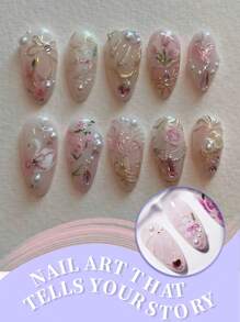 Set de 10 envoltorios de uñas hechos a mano con perlas, con diseño de lazo encantador y cisne blanco con strass, ultradelgado sin residuo, acabado brillante que crea una apariencia elegante, perfecto para las uñas del Día de San Valentín