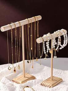1pc Wooden T-Shape Bracelet Display Stand, Desktop Jewelry Display Holder, Necklace Organizer Storage Rack - Multicolor - View 3