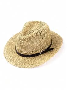 1pc Solid Color Boho Laser Cutout Rhinestone Decor UV Protection Western Cowboy Woven Straw Hat, Panama Straw Brimmed Hat, Unisex Fashion Casual Commuter, For All Seasons