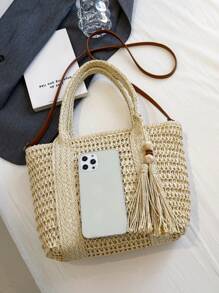 Geantă de umăr tip paie, casual, la modă, de culoare solidă, cu capacitate mare, pentru femei, cu pandantiv decorativ tip ciucure, tip crossbody, pentru vacanță și plajă