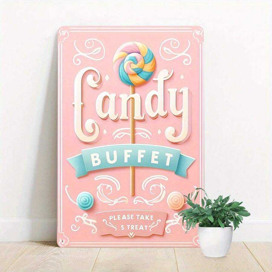 1个2D平面复古糖果自助餐金属标牌，墙面装饰，适用于家居、酒吧、酒馆、咖啡馆、餐厅、糖果店装饰，防水防尘 - 节日装饰的理想之选，随机孔型 - 彩色 - 查看 1