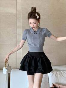 可爱温顺蝴蝶结领薄针织短袖上衣，女款优雅甜美学院风T恤，修身夏季纹理套头衫 - 灰色 - 查看 8