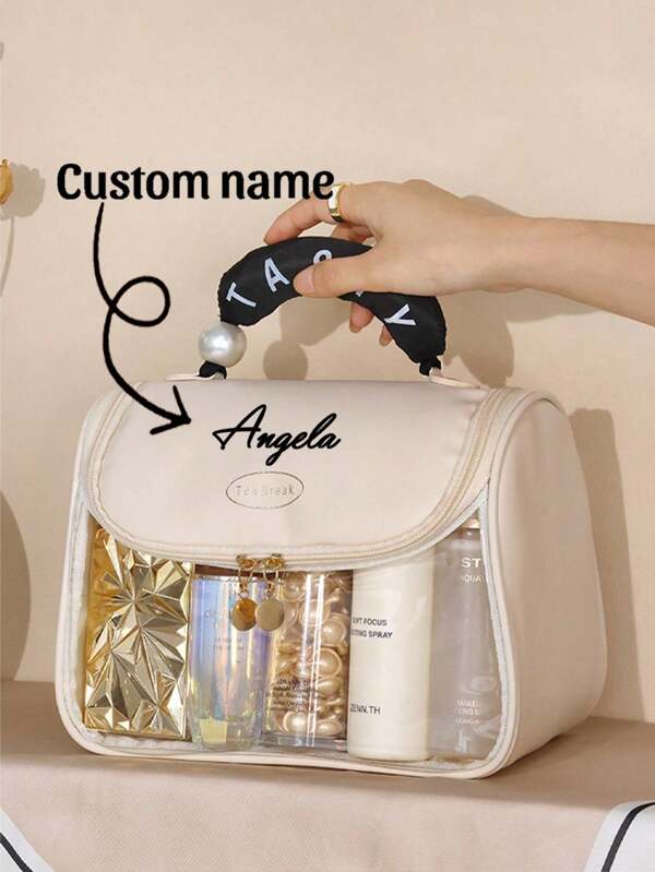 1pc Custom Makeup Bag - Custom Personalized Name - Personalized Text - Portable Toiletry Bag Large Capacity Women's Portable Storage Bag Travel Hook Toiletry Bag Toiletry Bag - Bridesmaid Gift, Birthday Gift, Anniversary Gift, Valentine's Day Gift, Wedding Gift, Best Friend Gift, Gift For Mom, Gift For Wife, The Best Choice For Travel