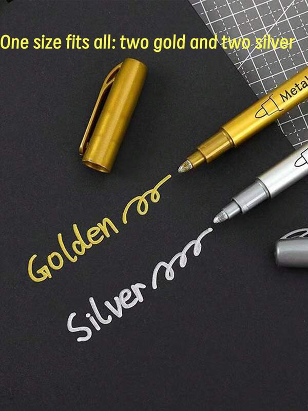 4pcs Gold & Silver Paint Marker Pens, Metallic Color Permanent Markers, Waterproof & Smudge Resistant, For Art, Painting, DIY Crafts