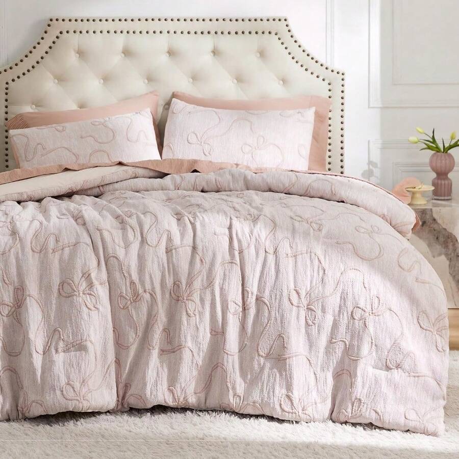 Luxurious Tufted Boho Comforter Set Queen Size - Premium Beige Bedding Ensemble With 3-Piece Shabby Chic Embroidery, Ideal Gifts For Women, Soft Jacquard Queen Comforter For All Seasons - 23 - 粉紅色 - 蝴蝶結狀 - 查看 1
