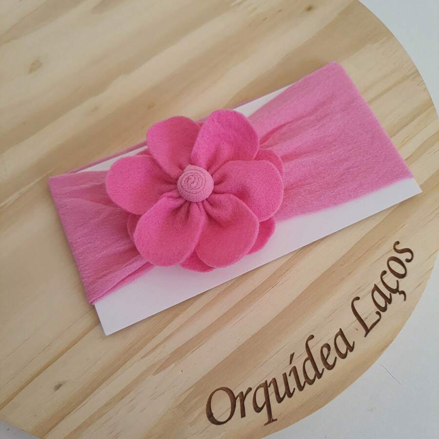 turbante para bebe na faixinha meia com flor detalhe, acessório bebe serve ate 2 anos, - Rosa chiclete - Visão 1